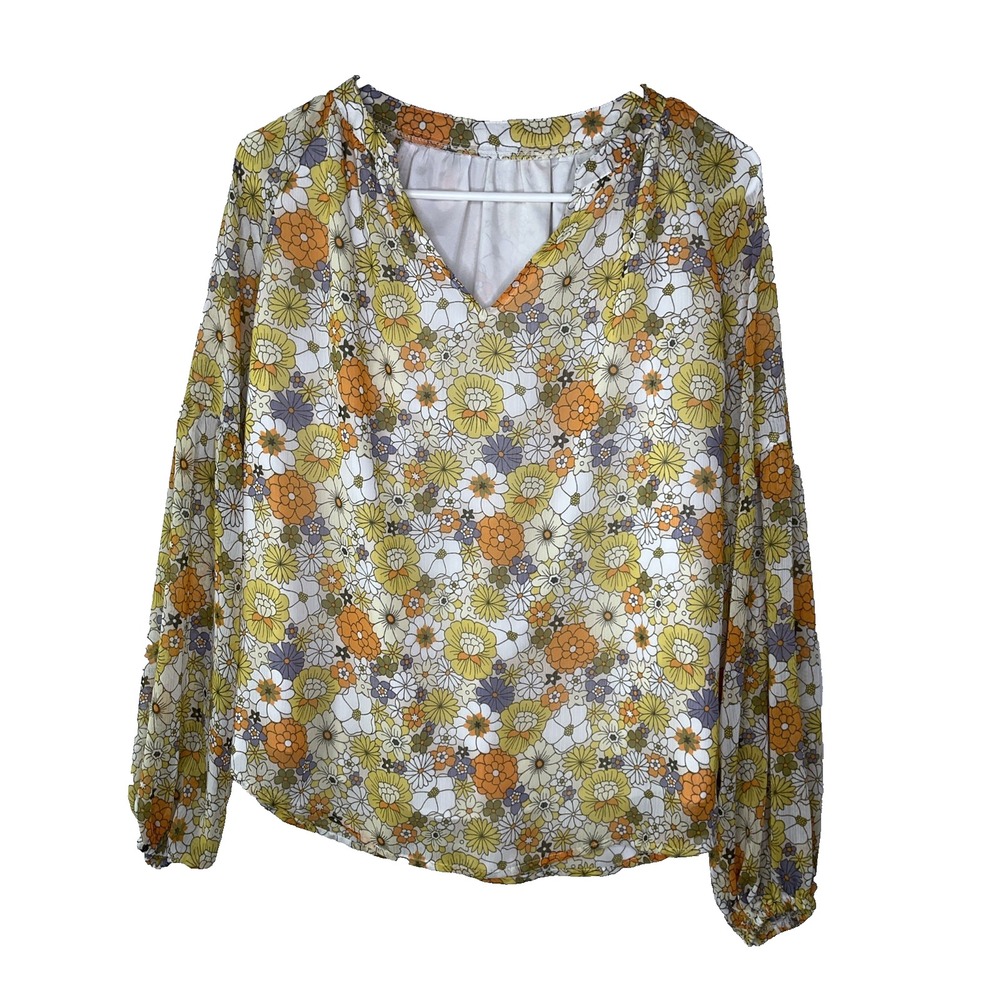 Retro 70s Floral Print Yellow Split Neck Long Sleeve Lined Peasant‎ Top Blouse S